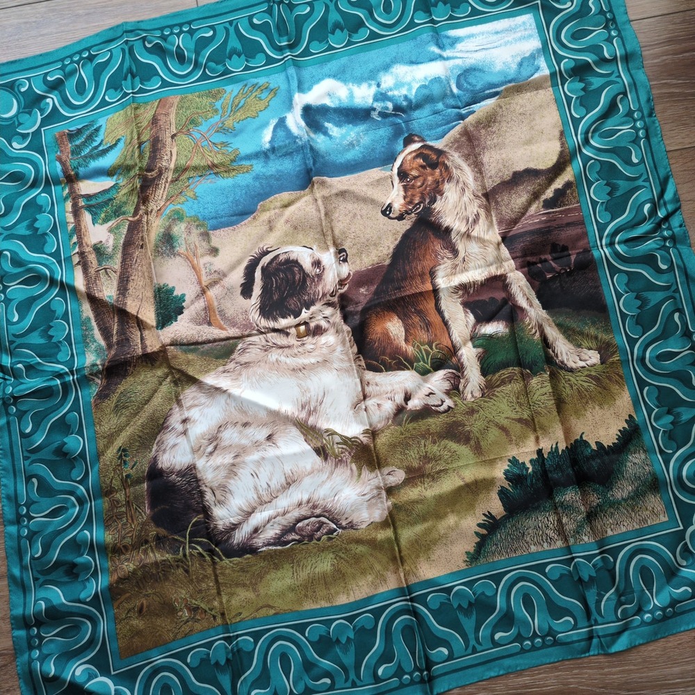 Vtg 90s Perris Ellis Hunting Dogs Silk Scarf Teal Pastoral Nature Square 34"